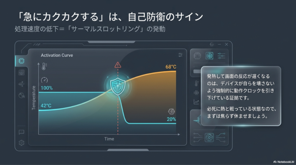 グラフを用いた解説スライド。温度上昇（68°C）に伴い、デバイスを保護するために動作クロックが100%から20%へ強制的に引き下げられる「サーマルスロットリング」の仕組みを示している。
