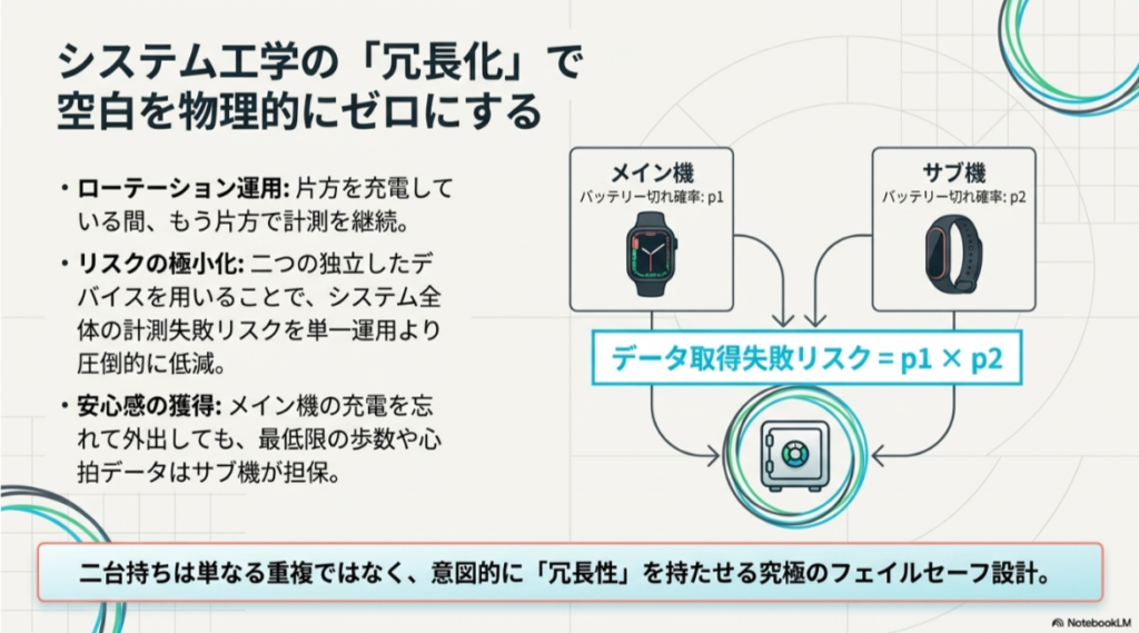 メイン機とサブ機の2台を運用することで、バッテリー切れ確率を掛け合わせ、データ取得失敗のリスクを物理的にゼロに近づける「冗長化」の仕組みを解説する図。