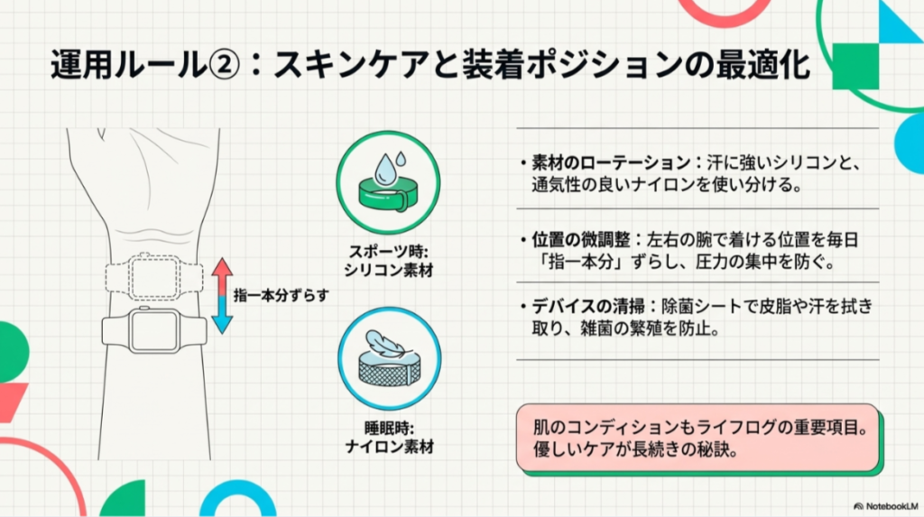 スポーツ時はシリコン素材、睡眠時はナイロン素材と使い分け、装着位置を毎日「指一本分」ずらすことで肌のトラブルを防ぐポイントを解説したイラスト。