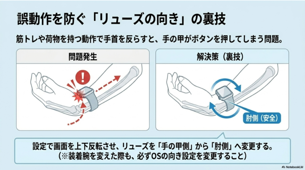 手首を反らした時のクラウン誤操作と、リューズを肘側へ逃がす対策を示す図