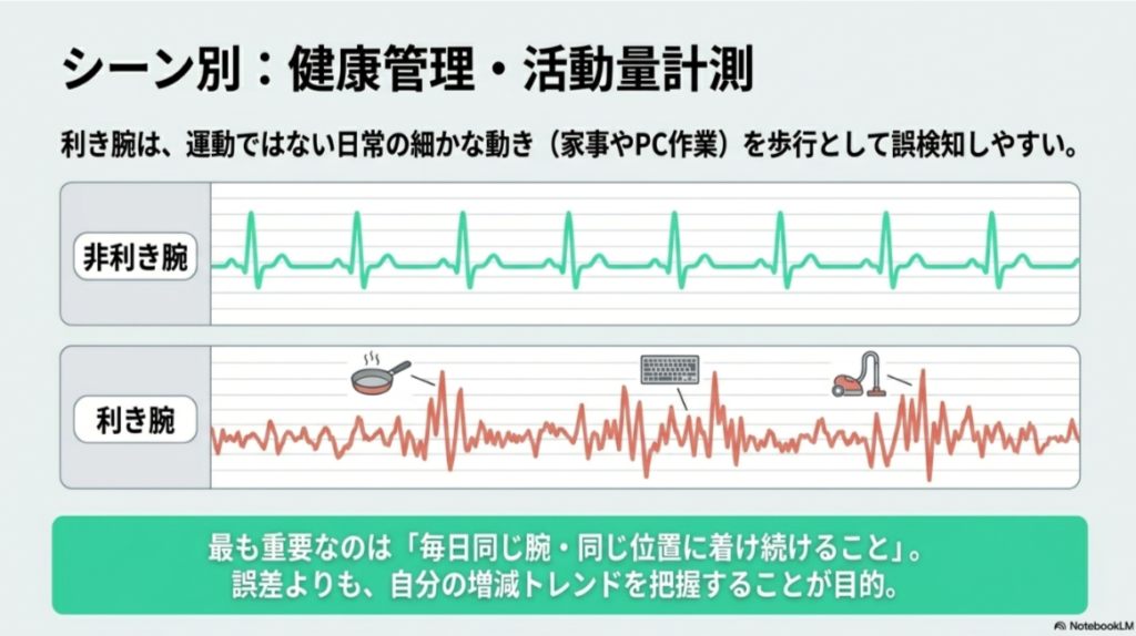非利き腕と利き腕で心拍数や活動量データの安定性が変わることを波形で示した画像