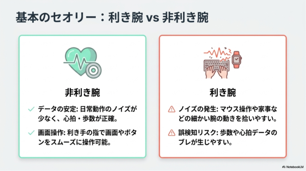 非利き腕はデータが安定しやすく、利き腕は誤検知が起きやすいことを比較した画像