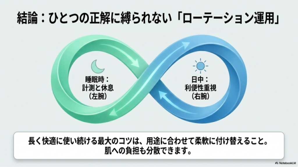 日中は利便性、睡眠時は計測と肌の休息を意識して装着腕を使い分ける考え方を示す画像