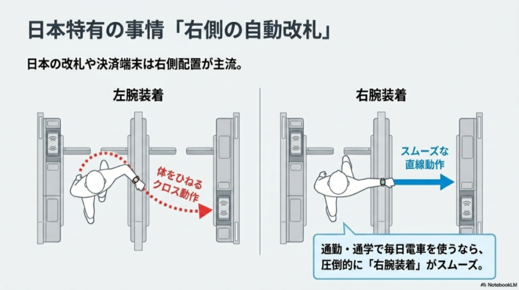 左腕装着では体をひねりやすく、右腕装着では自動改札に自然にタッチしやすいことを示す図