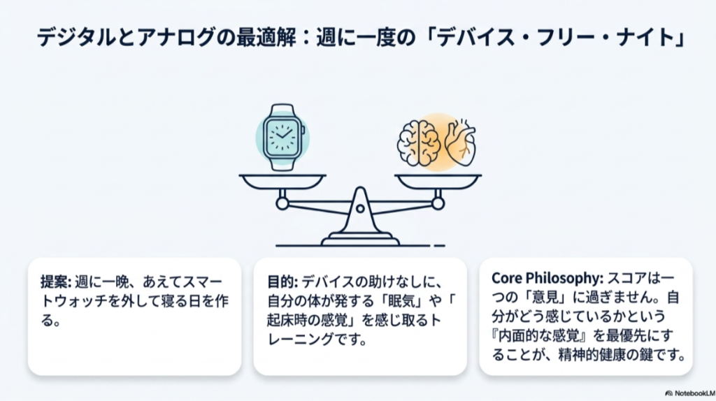 天秤のイラスト。左側にスマートウォッチ、右側に脳と心臓（自分の感覚）があり、自分の感覚を優先することの大切さを示す図。