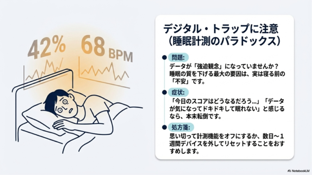 ベッドで横になりながら、浮遊するデータ（42%、68 BPMなど）を不安そうに見つめる人のイラスト。