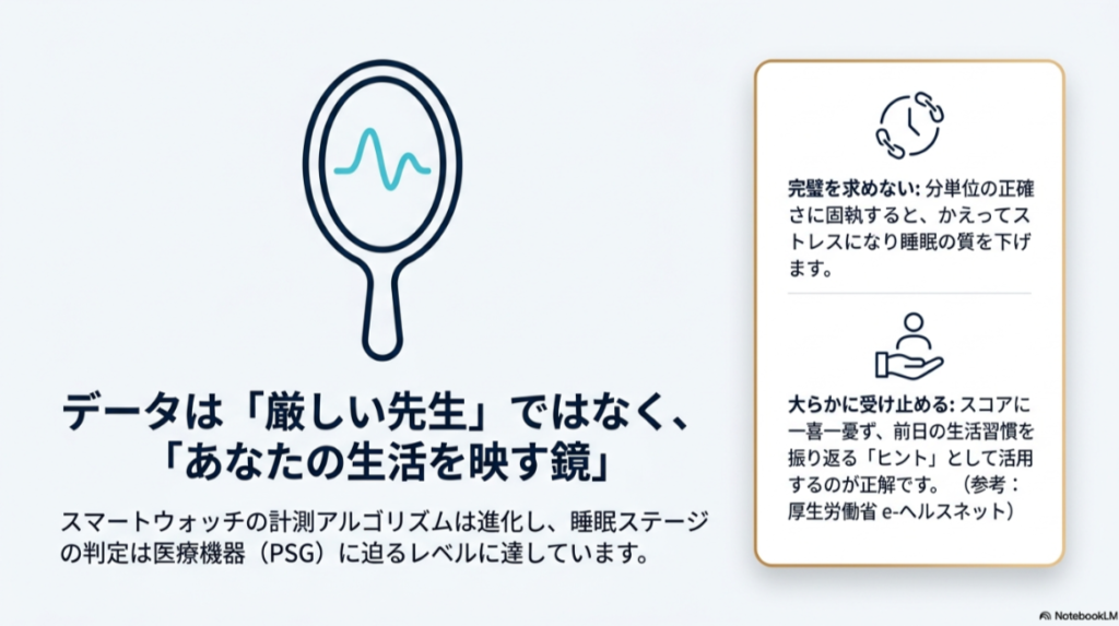手鏡の中に心拍の波形が映っているイラスト。「データは厳しい先生ではなく、あなたの生活を映す鏡」というテキスト。