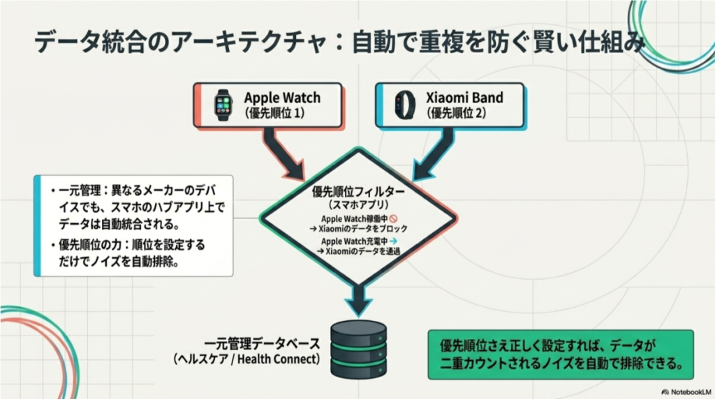 スマホのハブアプリを介して、Apple WatchとXiaomi Bandのデータを優先順位に基づいて自動統合し、二重カウントを防ぐ仕組みを説明したフローチャート。