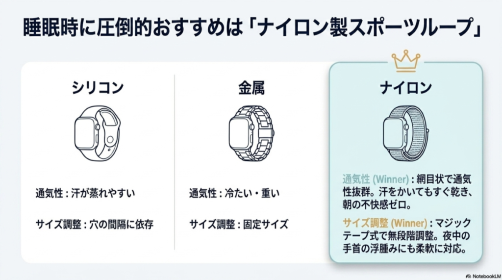 シリコン、金属、ナイロンバンドの比較図。ナイロンバンドが通気性とサイズ調整の面で「Winner（最適）」として推奨されている。