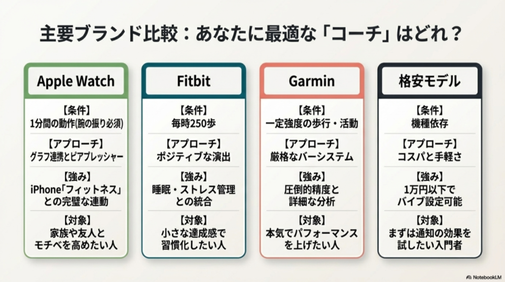 Apple Watch（グラフ連携）、Fitbit（ポジティブな演出）、Garmin（厳格なバーシステム）、格安モデル（コスパ）の4種類のスマートウォッチの特徴と、それぞれがどんな人に向いているかを比較したスライド。