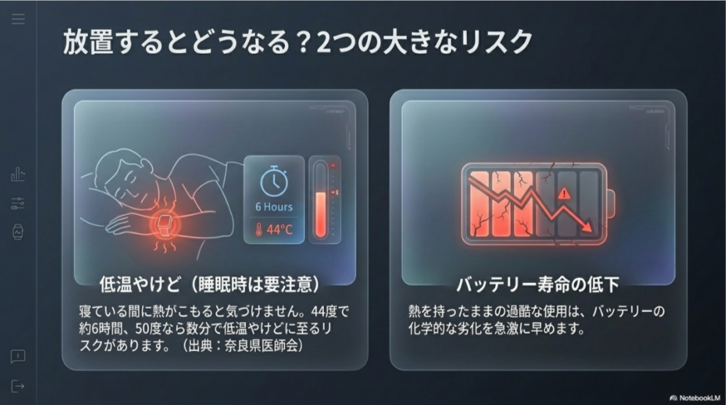 就寝中の低温やけどリスク（44度で約6時間）と、熱によるバッテリー寿命低下のリスクを解説するスライド。