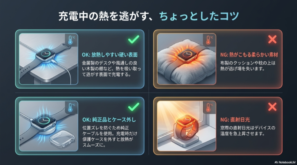4つの比較図。硬い表面での充電（OK）、クッション等の上（NG）、純正ケーブルの使用とケース外し（OK）、直射日光（NG）を視覚的に説明している。