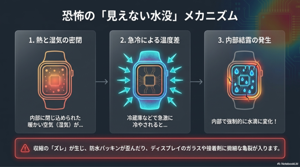 3ステップの図解。1.熱と湿気の密閉、2.急冷による温度差、3.内部での水滴発生（結露）により、回路がショートしたりパッキンが歪んだりする仕組みを示している。