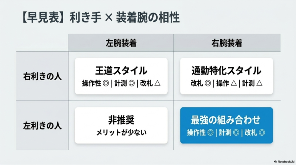 右利きと左利きそれぞれに対して、左腕装着と右腕装着の相性を整理した早見表