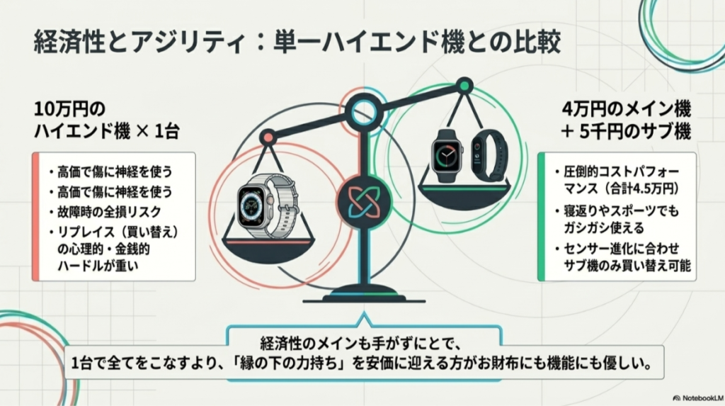 10万円のハイエンド1台運用と、4万円のメイン機+5千円のサブ機運用の比較表。後者の方がコストパフォーマンスが高く、リプレイスもしやすいことを示している。