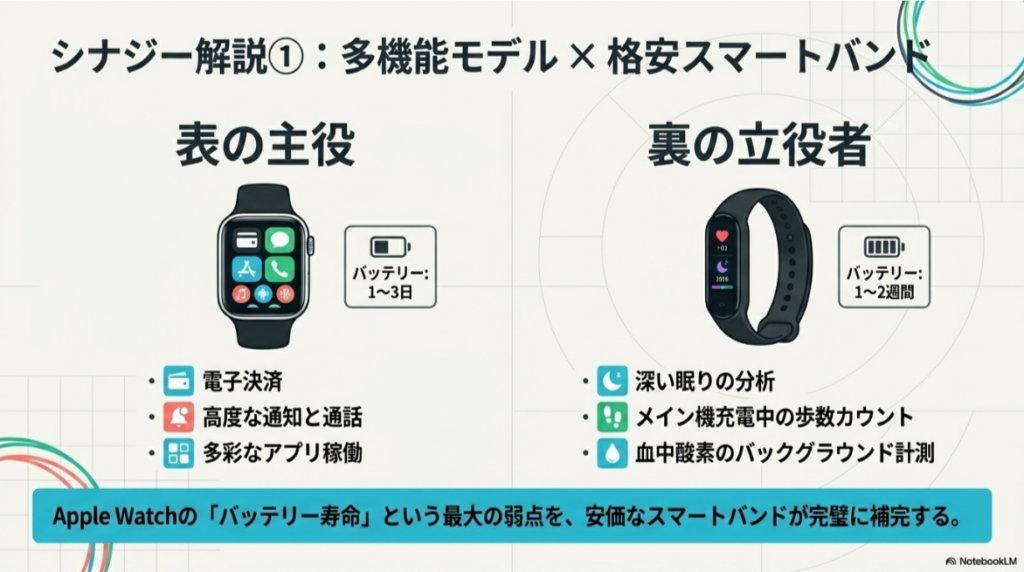 表の主役としてのApple Watch(電子決済・アプリ)と、裏の立役者としての格安スマートバンド(長時間駆動・深い睡眠分析)が補完し合う関係を示した比較図。