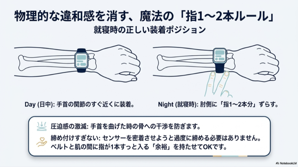 腕のイラスト。日中は手首の関節近くに、就寝時は肘側に指1〜2本分ずらして装着することを示す比較図。