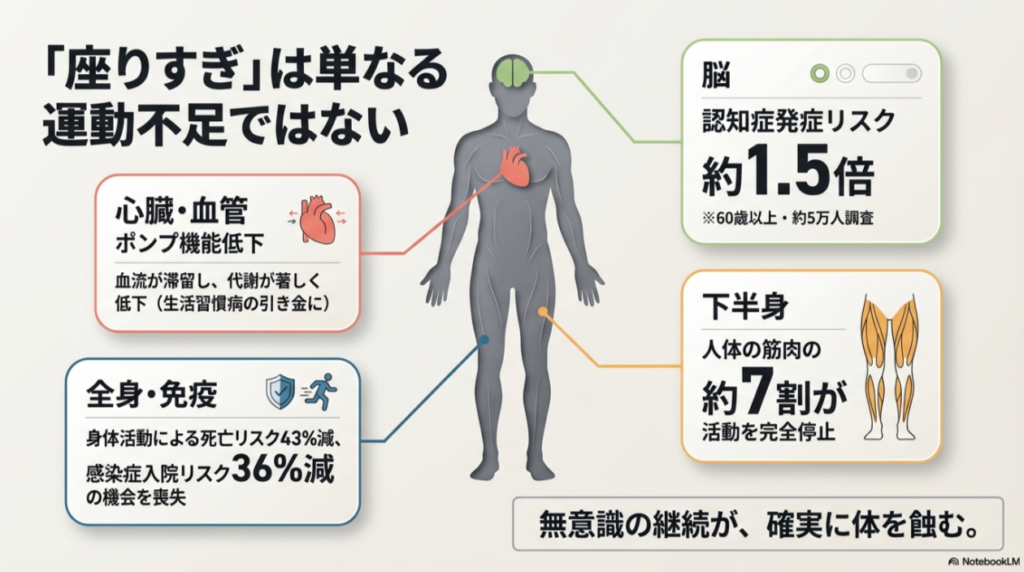 座りすぎによる健康被害の解説図。心臓・血管のポンプ機能低下、死亡リスク43%増などの全身・免疫への影響、認知症リスク1.5倍となる脳への影響、下半身の筋肉の7割が停止するリスクがまとめられている。
