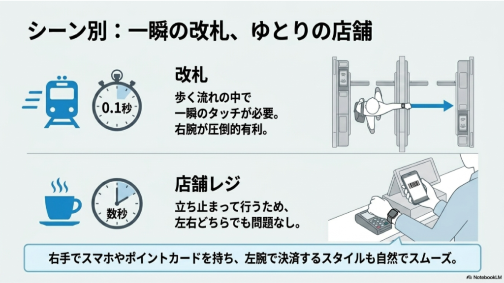 一瞬でタッチする改札では右腕、ゆとりのある店舗レジでは左右どちらでも使いやすいことを示す画像