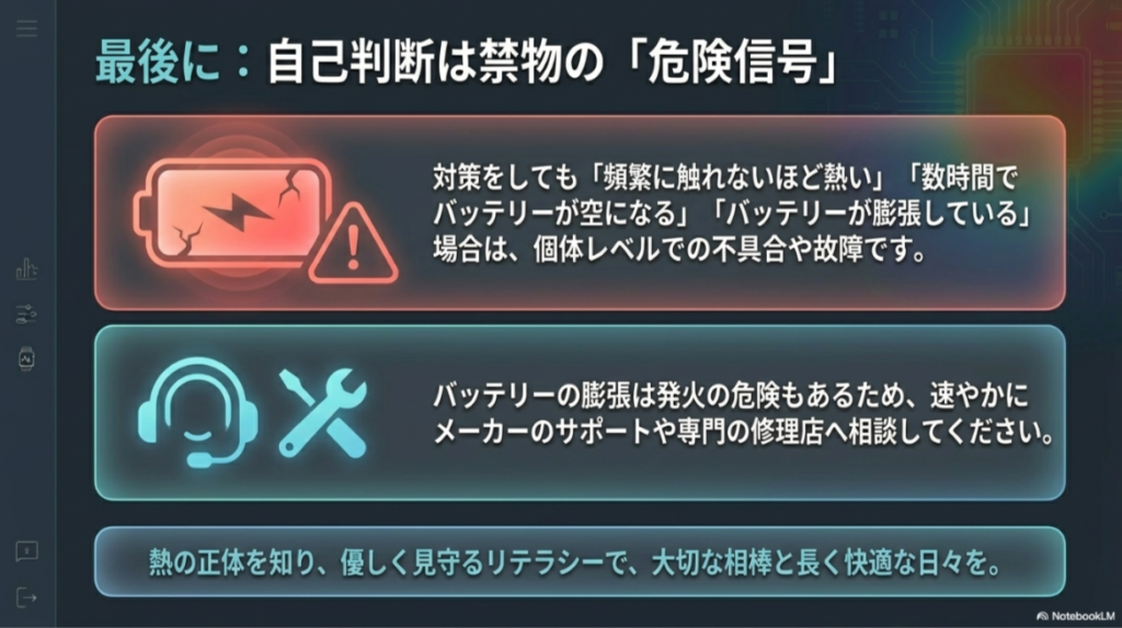 頻繁な異常発熱、急激なバッテリー減少、バッテリー膨張など、自力での対策が不可能な故障のサインとメーカーへの相談を促すスライド。