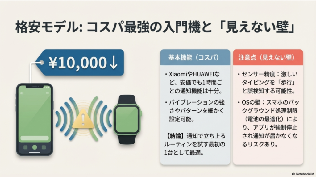 1万円以下の格安モデルのイメージ図。安価でも通知機能は十分だが、センサー精度の限界やスマホOSによるアプリ強制停止（通知が来ないリスク）などの注意点が挙げられている。