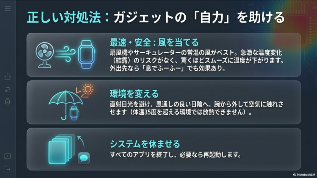 扇風機の風を当てる、直射日光を避け日陰へ移動する、システムを休ませるといった、デバイスに負担をかけない安全な冷却法を紹介するスライド。