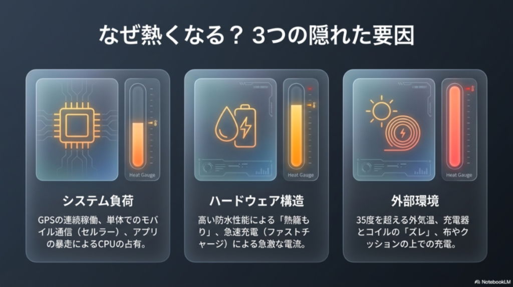 システム負荷（GPS・セルラー）、ハードウェア構造（防水・急速充電）、外部環境（外気温・充電器のズレ）という3つの発熱要因をアイコンでまとめたスライド。