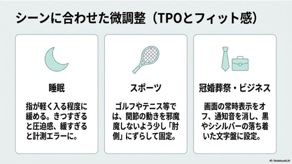 睡眠時、スポーツ時、冠婚葬祭やビジネスでの装着腕と設定の微調整をまとめた画像