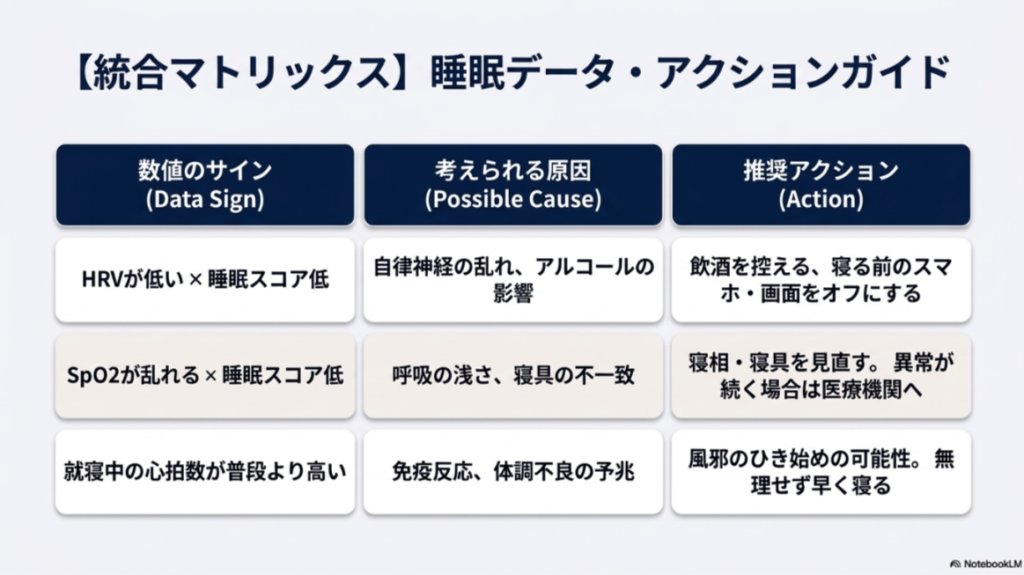 データのサイン（HRVが低い、SpO2の乱れ、心拍数が高いなど）に応じた、考えられる原因と推奨アクションをまとめたマトリックス表。