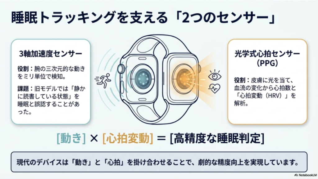 スマートウォッチの裏側のセンサーの図解。左側に動きを検知する加速度センサー、右側に血流を読み取る光学式心拍センサー（PPG）の仕組みが描かれている。