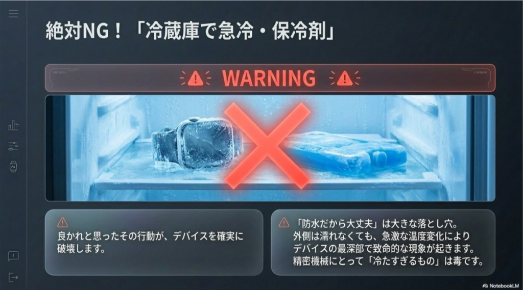 冷蔵庫での急冷や保冷剤の使用が、急激な温度変化によりデバイスを破壊することを警告する「WARNING」スライド。