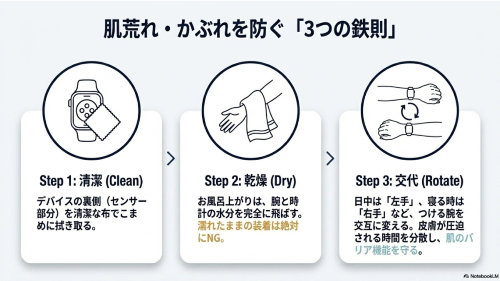 デバイスのセンサーを拭く、腕を乾燥させる、左右の腕を交代で使うという3つの手順を示すアイコンイラスト。