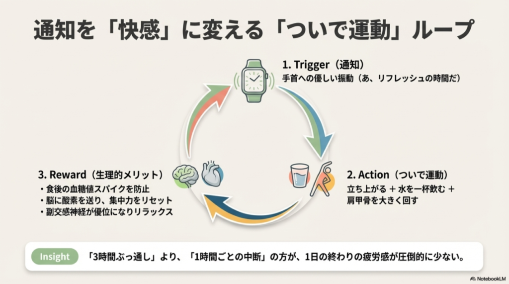 通知をトリガーに、立ち上がりやストレッチを行うAction、そして血糖値スパイク防止や集中力リセットというReward（報酬）に繋げるサイクル図。「1時間ごとの中断」が疲労感を軽減するというインサイトが添えられている。