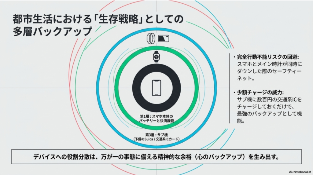 スマホ、メイン時計、サブ機の3層で決済・通信機能を分散し、デバイスがダウンした際の「完全行動不能リスク」を回避するセーフティーネットの概念図。