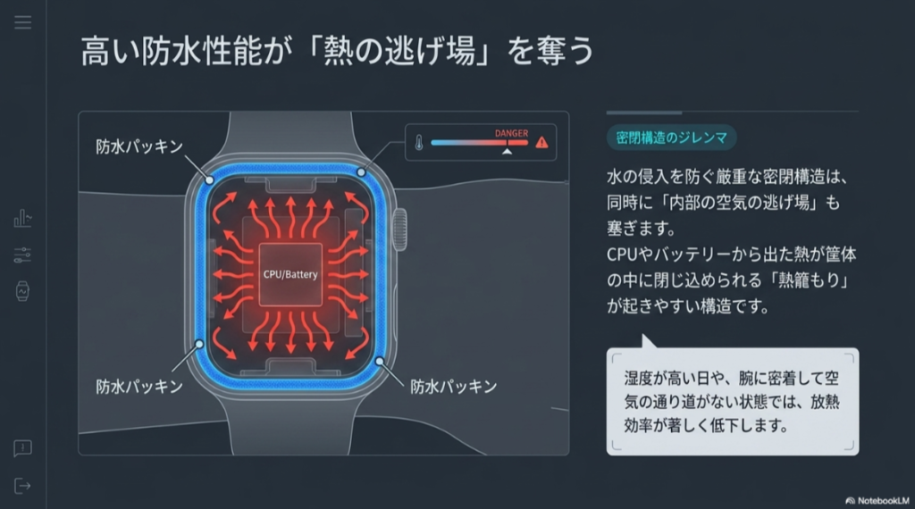 スマートウォッチの内部構造図。防水パッキンによって密閉されているため、CPUやバッテリーから出た熱が内部に閉じ込められる様子を赤い矢印で表現している。