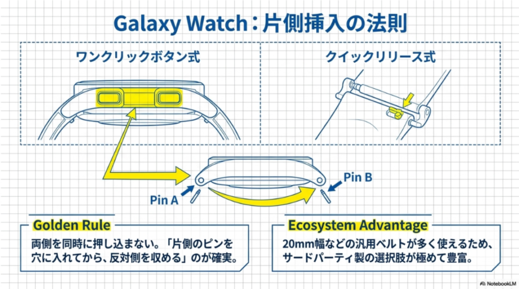 Galaxy Watchのワンクリックボタン式とクイックリリース式の違い、片側のピンから入れる手順