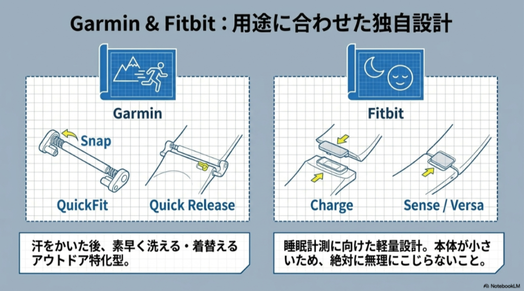 GarminのQuickFitとQuick Release、FitbitのChargeやSense Versa系の交換方式を比較した図解