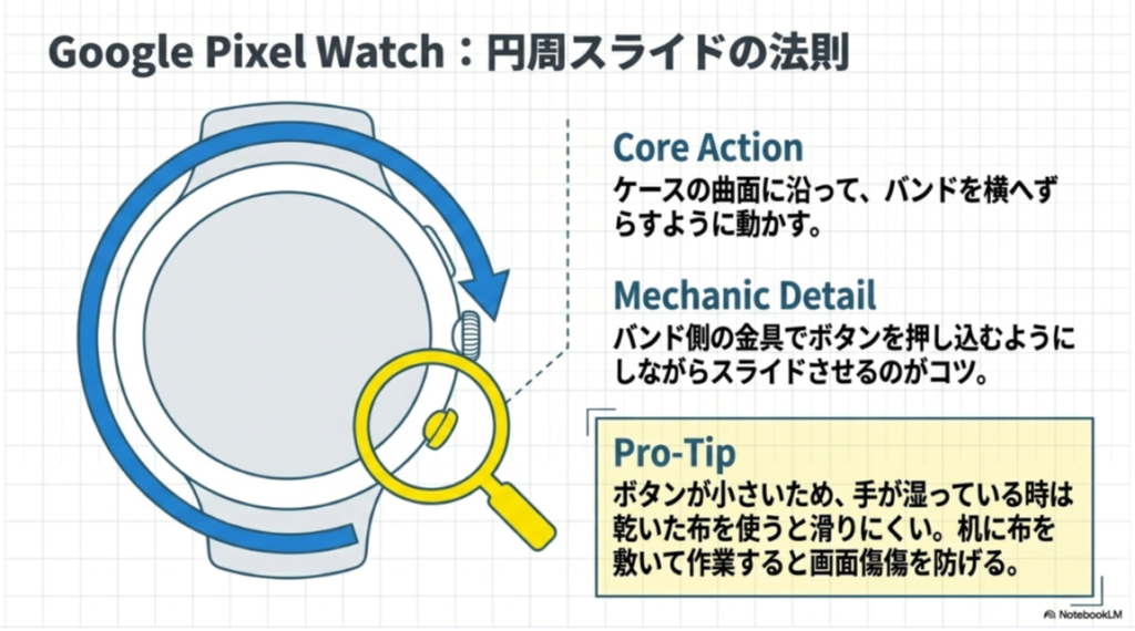 Google Pixel Watchのバンドをケースの曲面に沿ってスライドさせて交換する方法