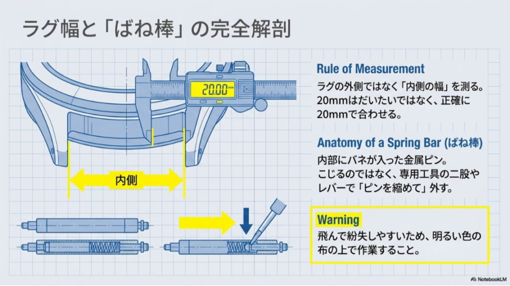 ラグ幅は外側ではなく内側を測り、ばね棒の構造を理解して交換することを示した図解
