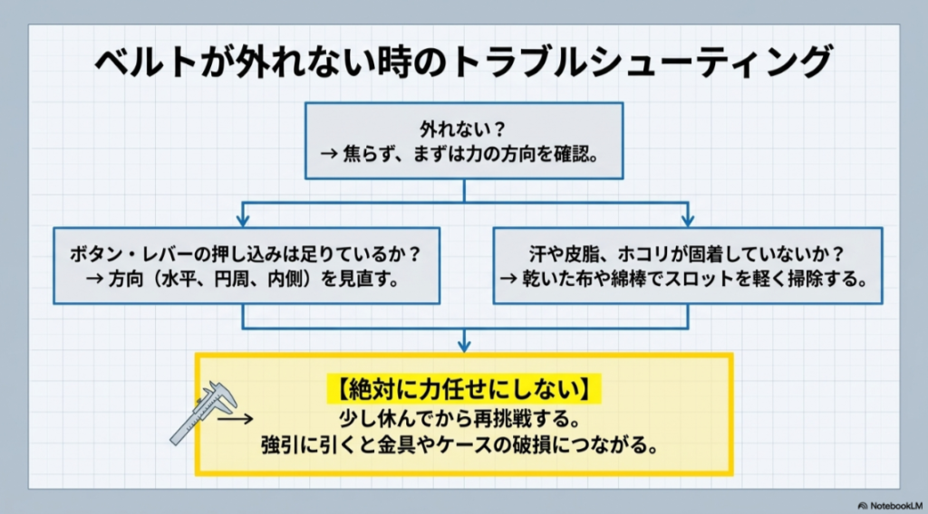 ベルトが外れない時に力任せにせず、ボタンやレバーの押し込み、汚れや固着を確認する流れ