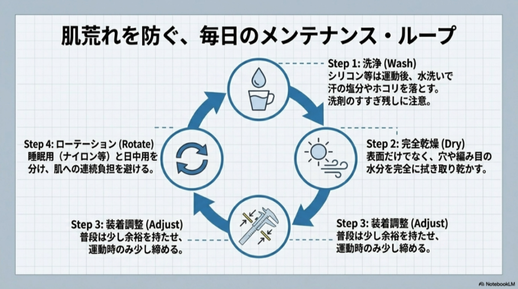 洗浄、完全乾燥、装着調整、ローテーションで肌荒れを防ぐ日常メンテナンス手順
