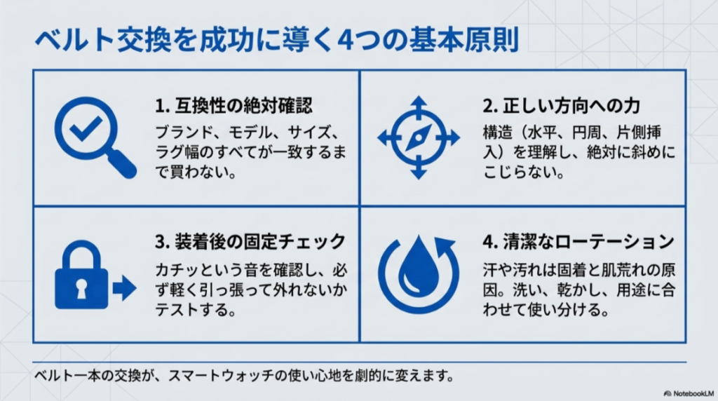 互換性確認、正しい方向への力、固定チェック、清潔なローテーションの4原則をまとめた図解