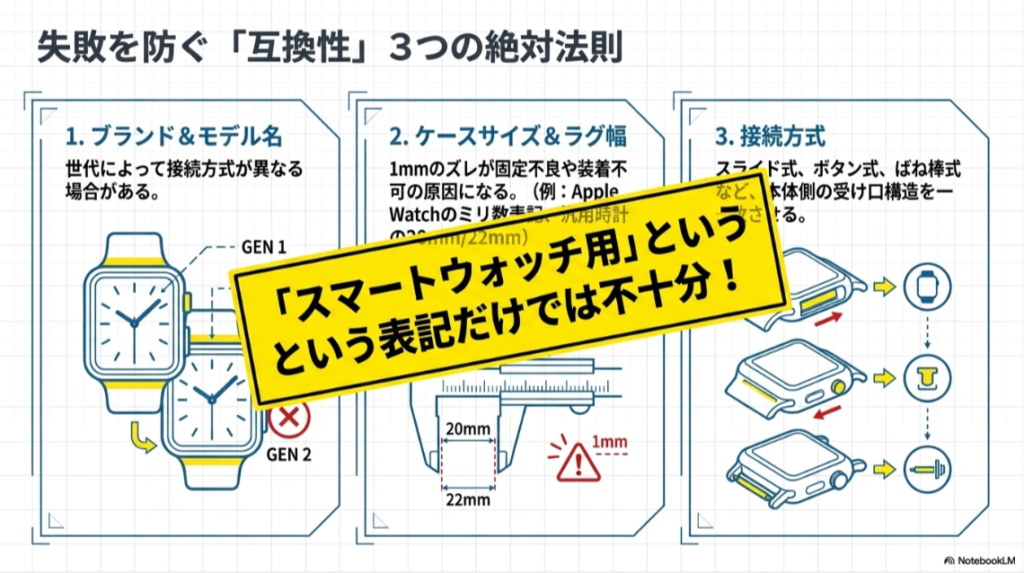 スマートウォッチ用という表記だけでは不十分で、ブランド、サイズ、接続方式の確認が必要なことを示した図解