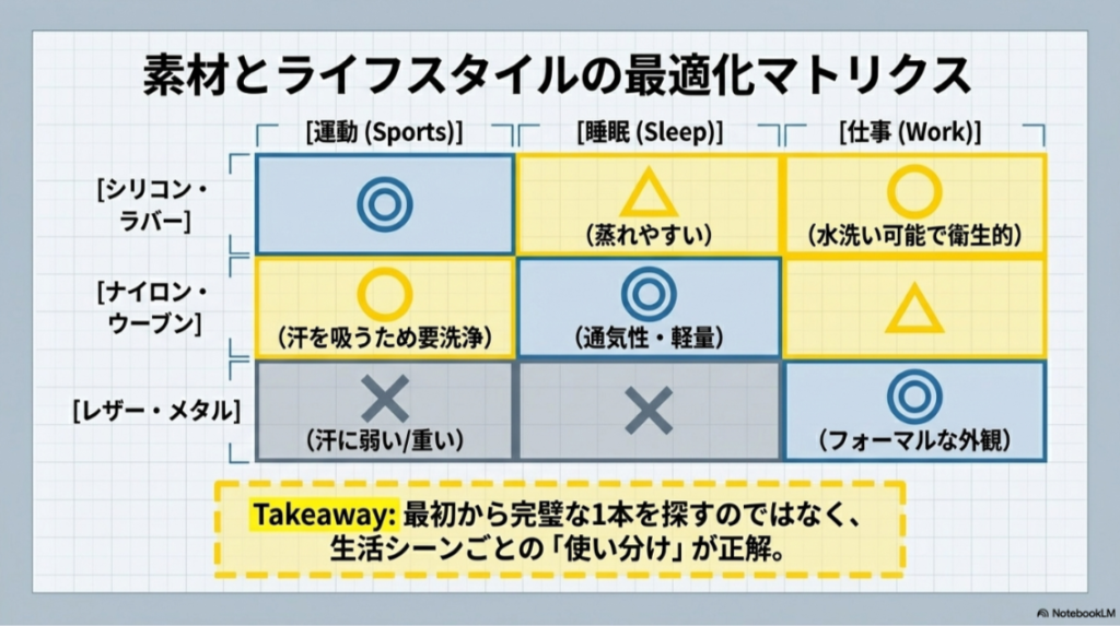 シリコン、ナイロン、レザー、メタルを運動、睡眠、仕事の用途別に比較したマトリクス