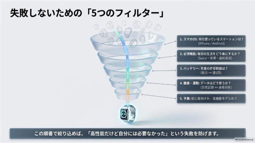 スマホOS・必須機能・バッテリー・健康運動機能・予算の5つでスマートウォッチを絞り込む方法