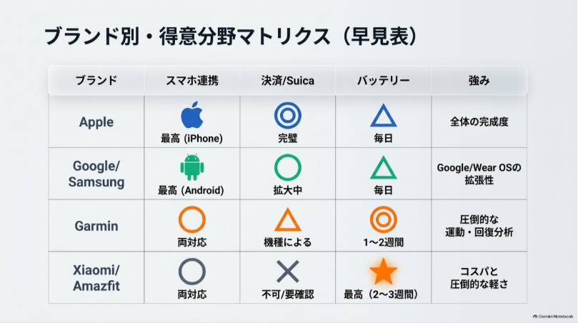 Apple、Google・Samsung、Garmin、Xiaomi・Amazfitのスマホ連携・決済・バッテリー・強みを比較