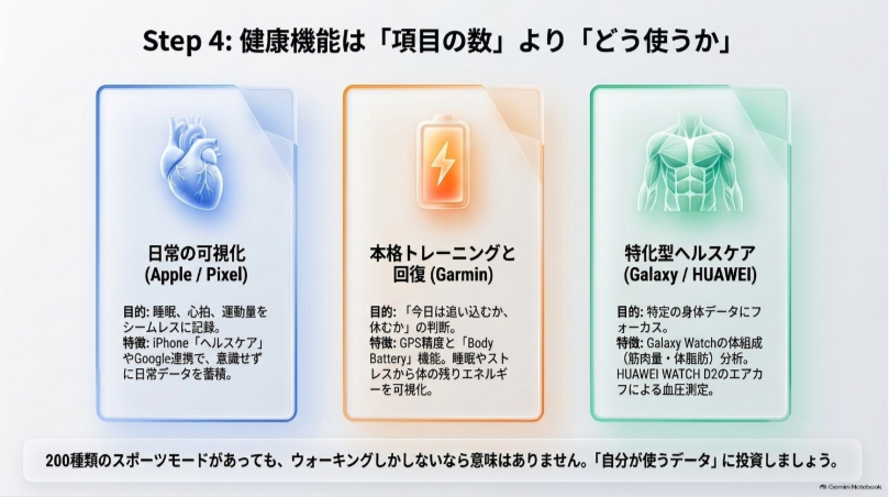 AppleやPixelの日常健康管理、Garminのトレーニング分析、GalaxyやHUAWEIの特化型健康機能を比較