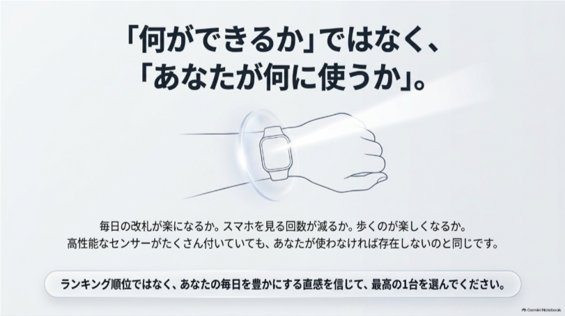 スマートウォッチは機能数ではなく改札や通知、運動など自分が毎日何に使うかで選ぶことを示すまとめ