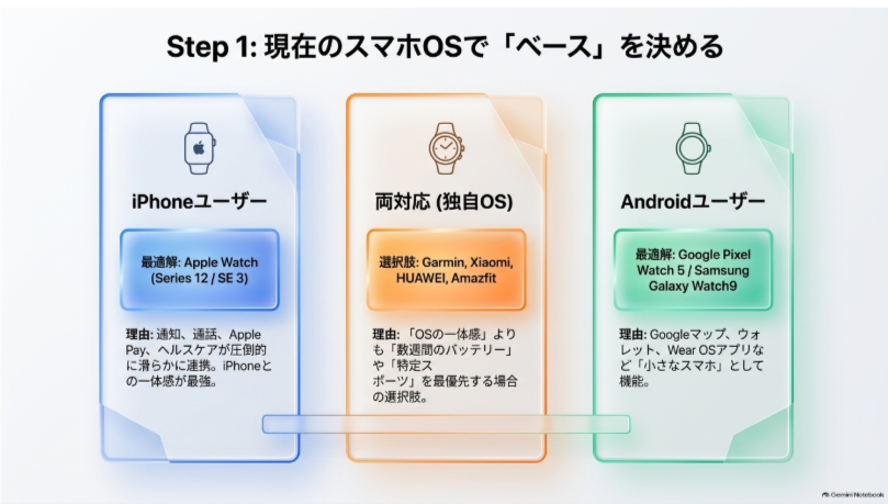 iPhoneはApple Watch、AndroidはPixel WatchやGalaxy Watch、両対応ならGarminやXiaomiなどから選ぶ図