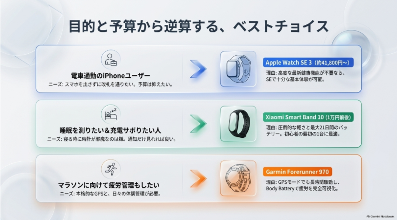 電車通勤のiPhoneユーザー、睡眠重視、ランニング重視など目的と予算からスマートウォッチを選ぶ例